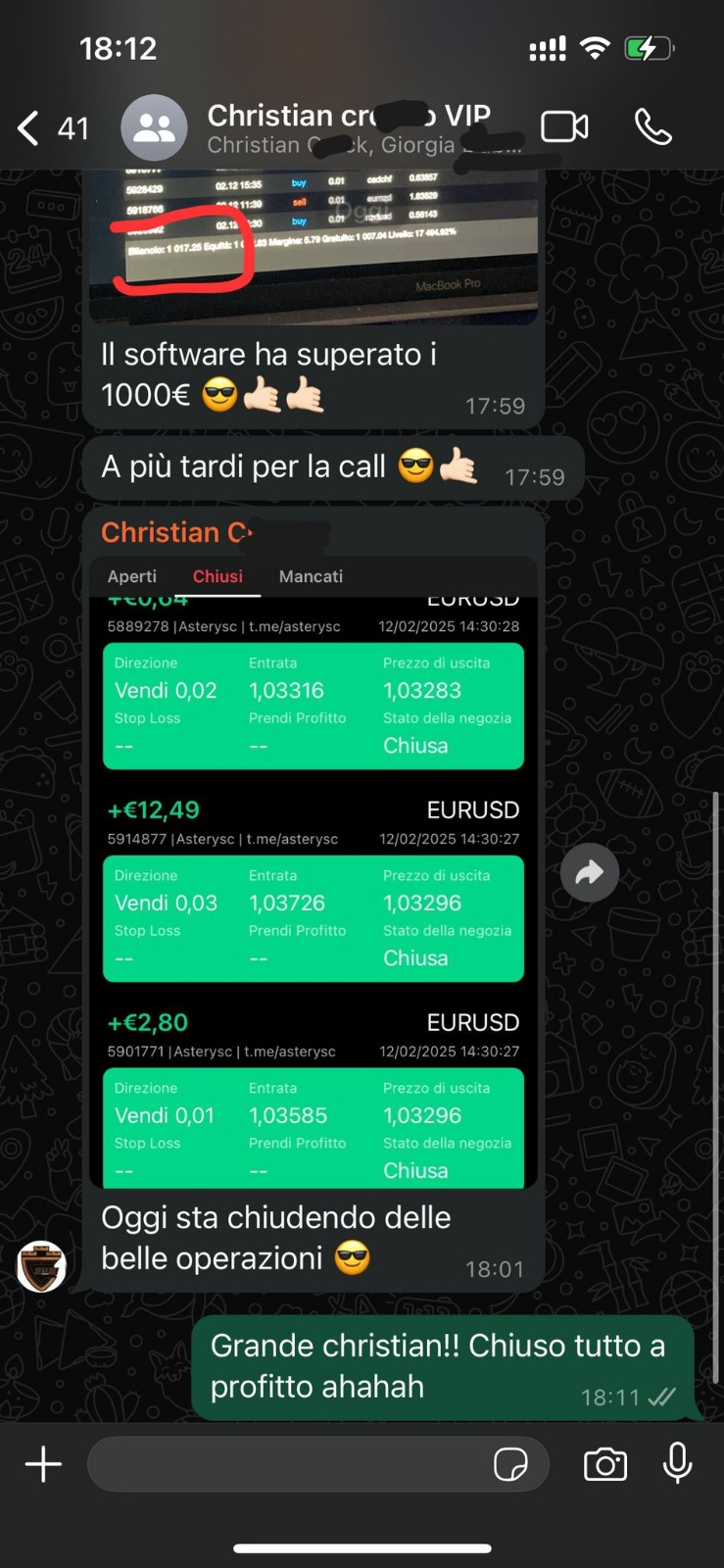 Screenshot della conversazione con Christian